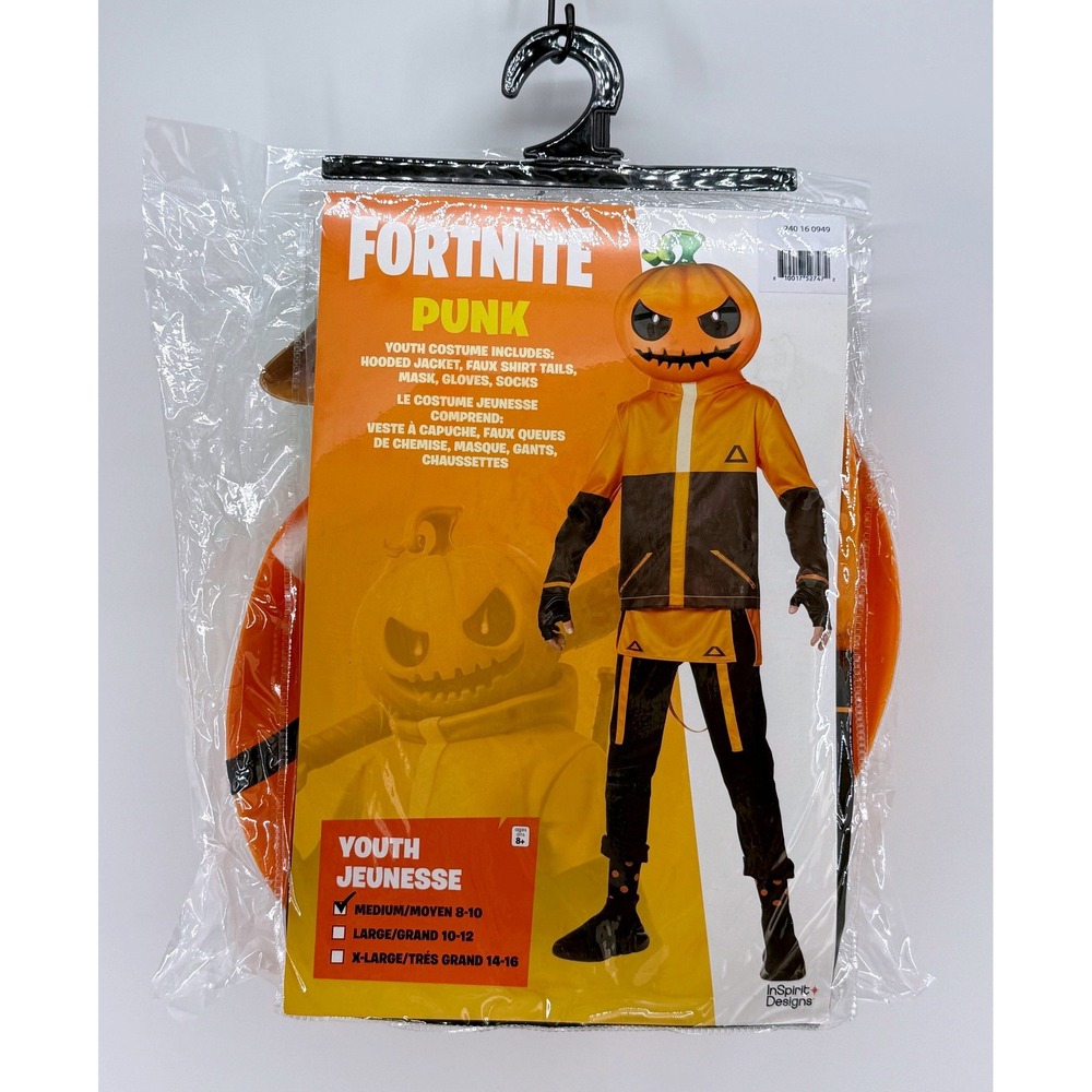 Fortnite Punk Youth Costume Pumpkin Mask Hooded Jacket Gloves Socks Medium 8-10